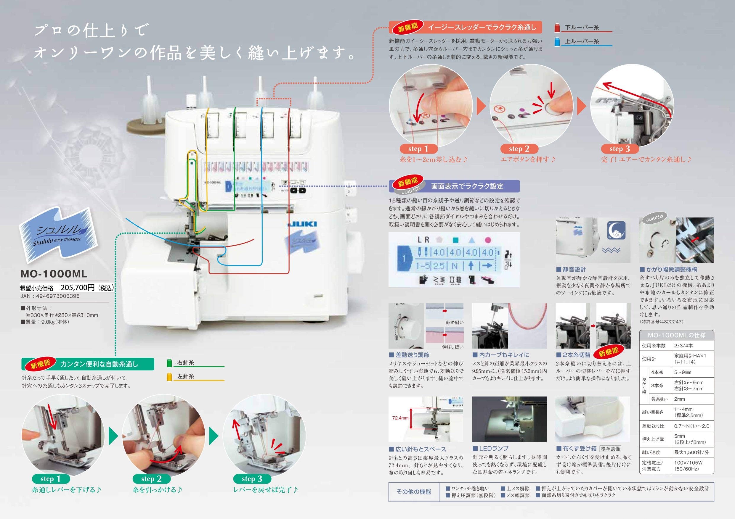 JUKI 4-thread overlock sewing machine Shururu MO-1000ML